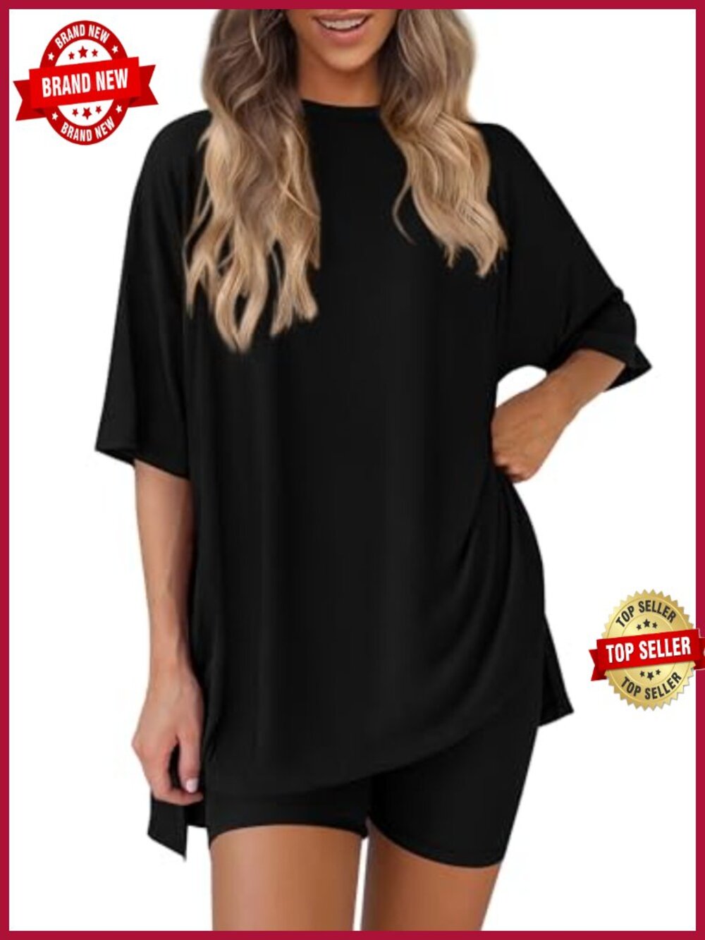 Women 2 Piece Lounge Set Oversized Tee Biker Shorts Pockets Travel
